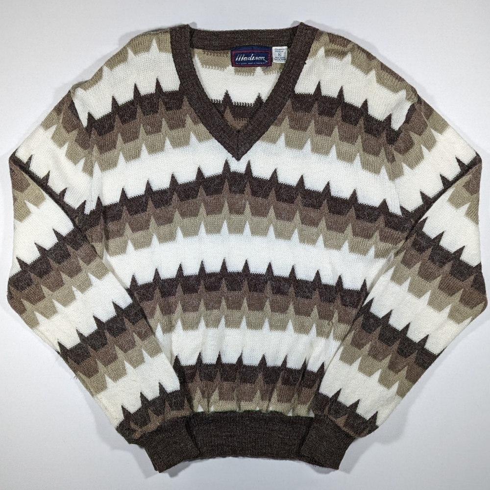 Vintage Madison V Neck Sweater Women's XL Acrylic Brown Cream Long Sleeve